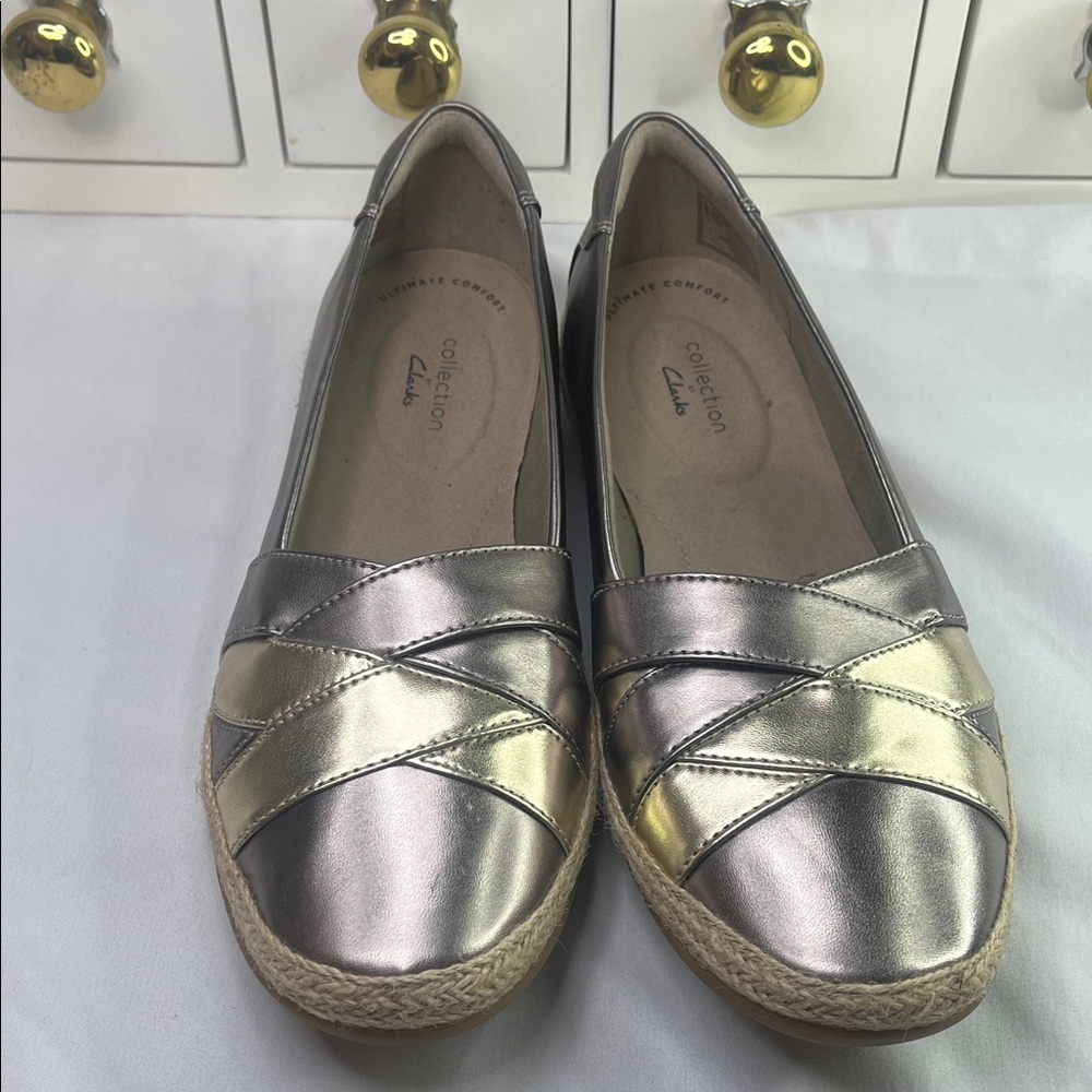 Clarks Silver Espadrilles with Cross Straps